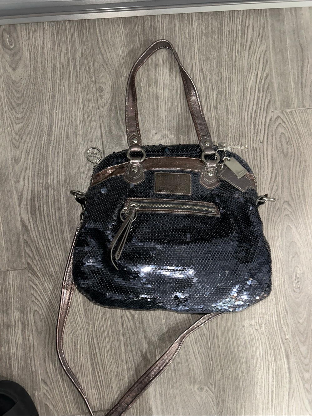 Coach Black Sequin Satchel with Metallic Rose Trim - Picture 2 of 6